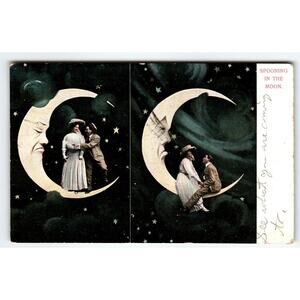 Paper Crescent Moon Postcard Spooning Anthropomorphic Human Face Moon Man 1909